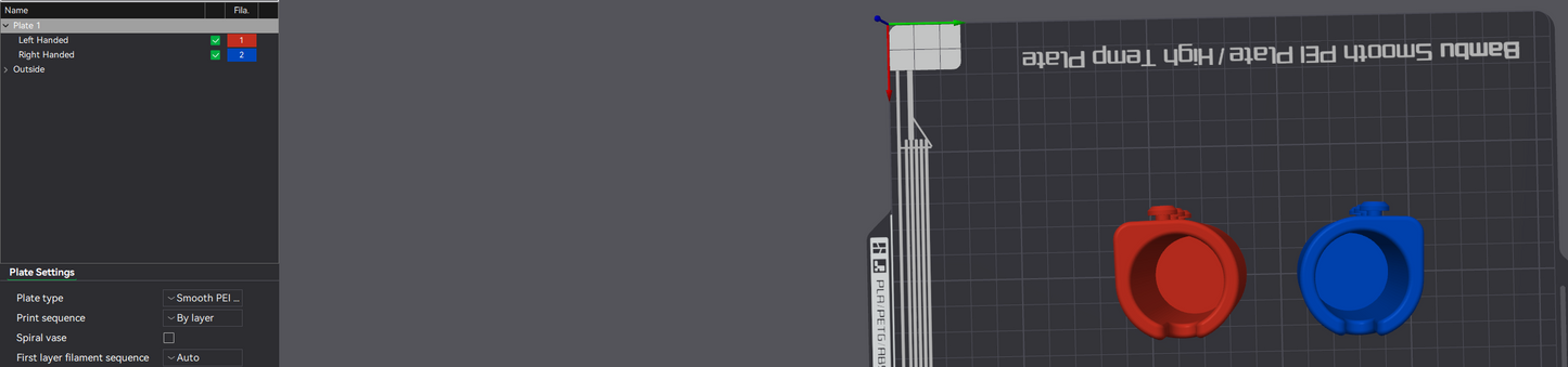 The left handed model is in red. The right handed model is in blue.
